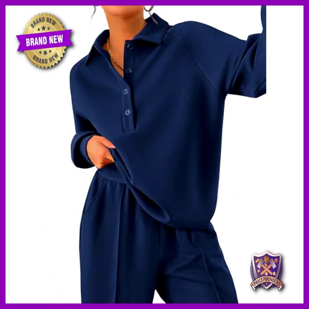 Quarter Button Sweatshirt Wide Leg Pants Lounge Set Tracksuit Cozy Chic - Picture 3 of 7